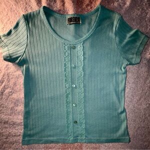 VTG 90s Forenza Ribbed Lace Trim Knit Top M Green